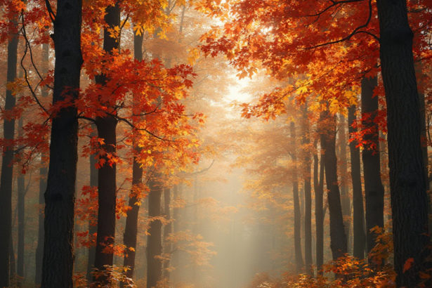 A serene autumn forest with vibrant red, orange, and gold leaves, soft light filtering through the trees.