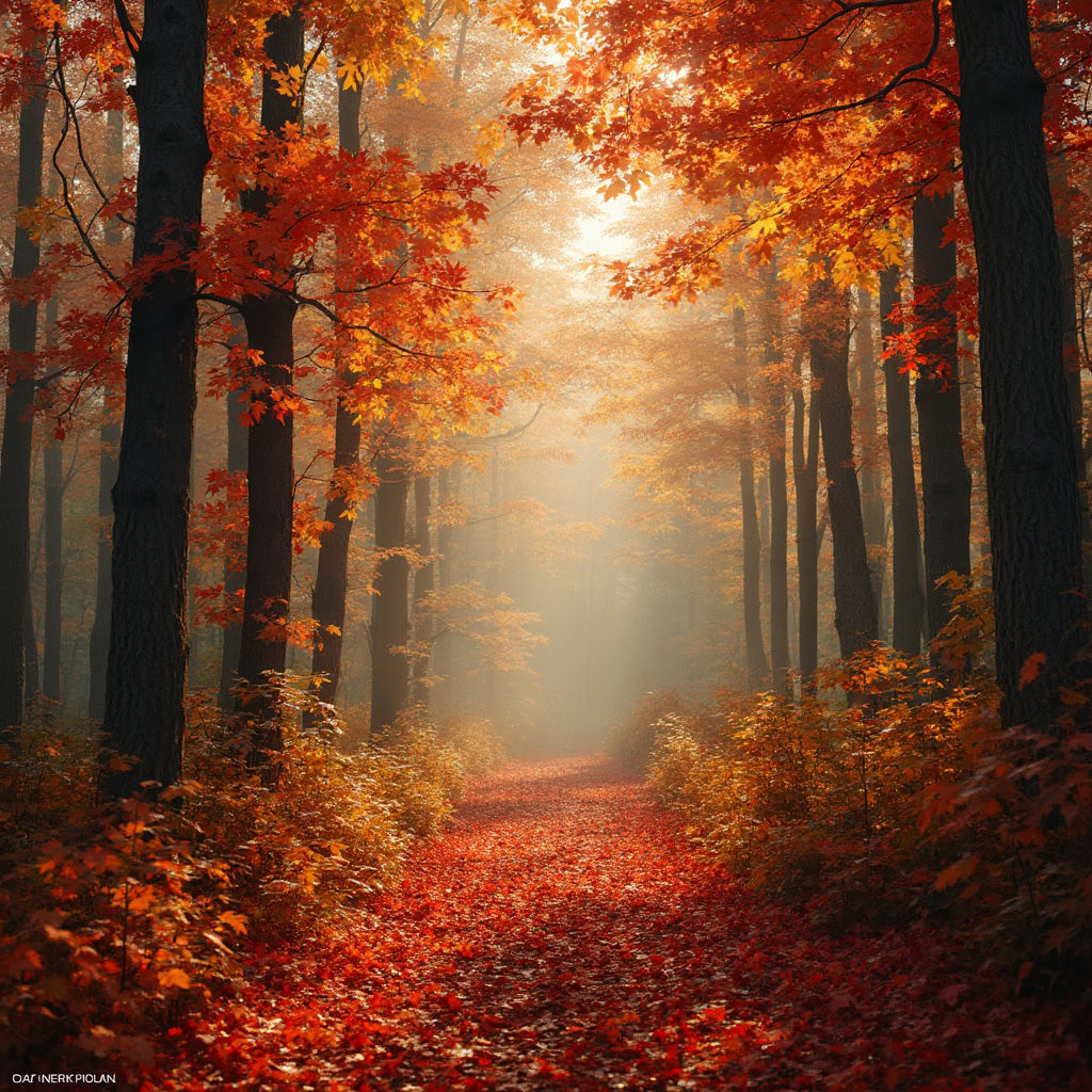 A serene autumn forest with vibrant red, orange, and gold leaves, soft light filtering through the trees.