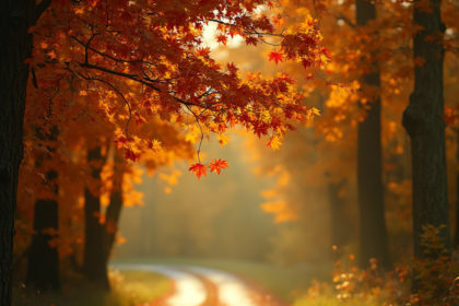 An autumn scene with vibrant colorful foliage, falling leaves, and a winding country road during golden hour.