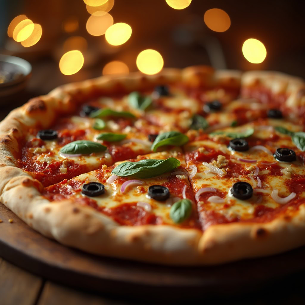 A fresh pizza with mozzarella, pepperoni, and basil, photographed with melted cheese stretching, set on a wooden surface with a warm, bokeh background.