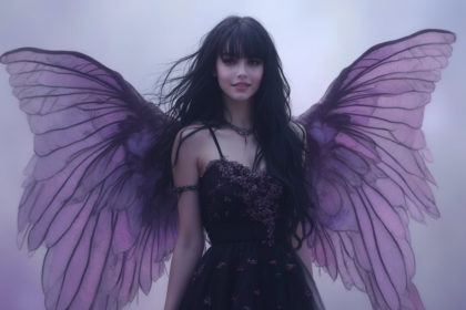 A gothic angel with black hair, wearing a black dress with purple floral patterns and matching angel wings, set against a serene purple and blue background.