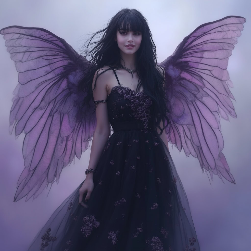 A gothic angel with black hair, wearing a black dress with purple floral patterns and matching angel wings, set against a serene purple and blue background.