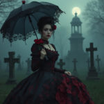 A gothic-inspired woman in a Victorian dress, sitting in a misty cemetery with tombstones, holding an ornate umbrella under a full moon.