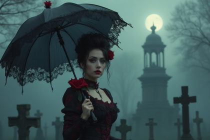 A gothic-inspired woman in a Victorian dress, sitting in a misty cemetery with tombstones, holding an ornate umbrella under a full moon.