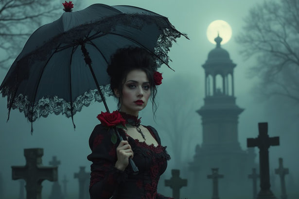 A gothic-inspired woman in a Victorian dress, sitting in a misty cemetery with tombstones, holding an ornate umbrella under a full moon.