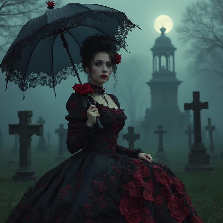Elegance in Shadows: A Gothic Tale in a Misty Cemetery