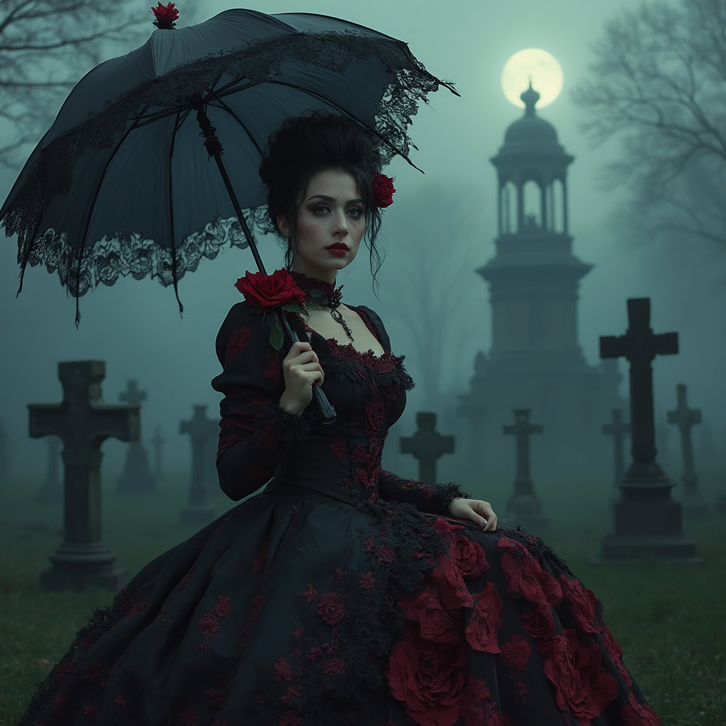 A gothic-inspired woman in a Victorian dress, sitting in a misty cemetery with tombstones, holding an ornate umbrella under a full moon.