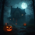 Haunted house under eerie moonlight, foggy ambiance with pumpkins