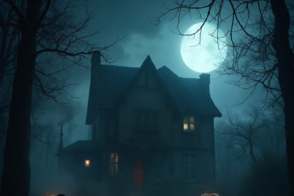 Haunted house under eerie moonlight, foggy ambiance with pumpkins