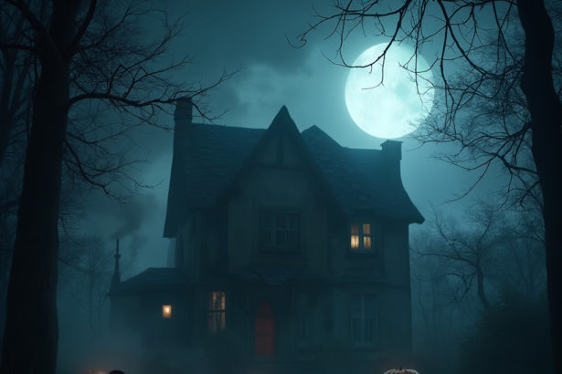 Haunted house under eerie moonlight, foggy ambiance with pumpkins