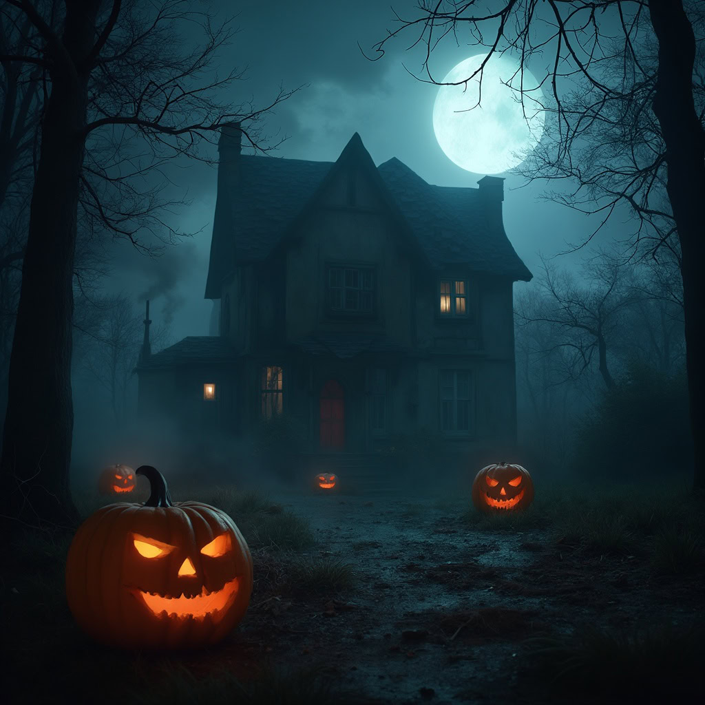 Haunted house under eerie moonlight, foggy ambiance with pumpkins