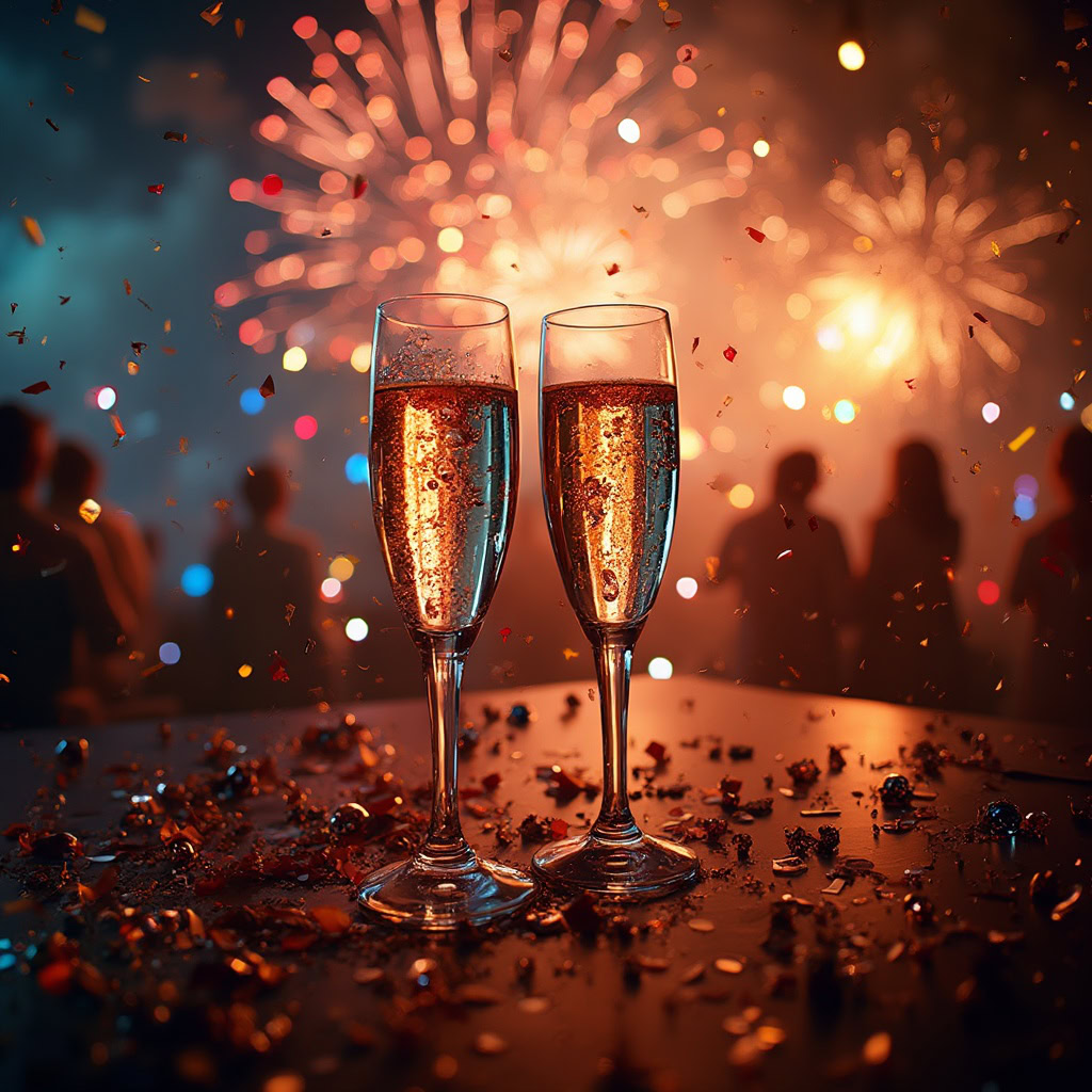 New Year’s Eve celebration with fireworks, champagne, and confetti in vibrant lighting.