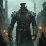 Steampunk monster in haute couture with a metal body, monocle, and top hat, walking through a misty Victorian city.