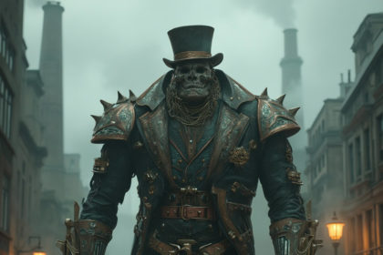 Steampunk monster in haute couture with a metal body, monocle, and top hat, walking through a misty Victorian city.