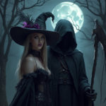 A confident young witch and the Grim Reaper stand in a haunted, moonlit forest, dressed in dark, elegant attire, with twisted trees swaying under the full moon.