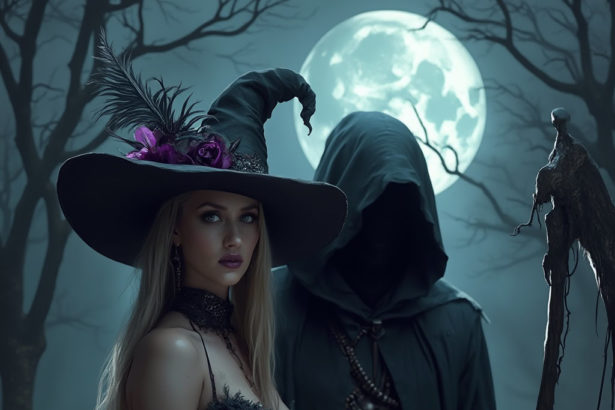 A confident young witch and the Grim Reaper stand in a haunted, moonlit forest, dressed in dark, elegant attire, with twisted trees swaying under the full moon.