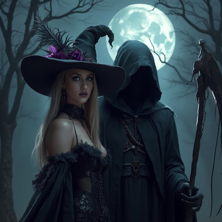Witch and Grim Reaper: Dark Magic Under a Moonlit Forest