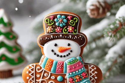 Gingerbread snowman with detailed icing, vibrant floral designs, and a dark background.