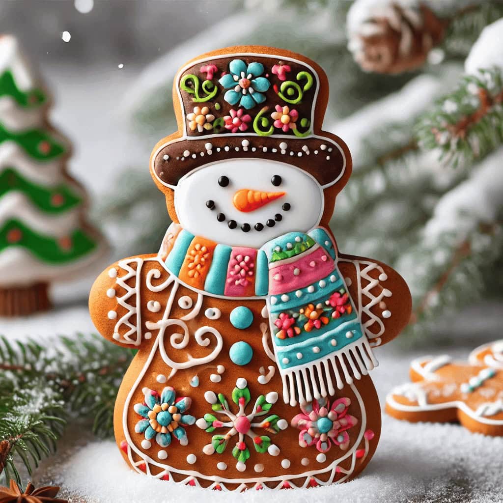 Gingerbread snowman with detailed icing, vibrant floral designs, and a dark background.