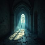 A dark, eerie gothic hallway with cracked walls, shadows, and decaying floors.