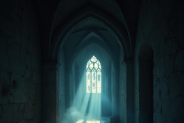 A dark, eerie gothic hallway with cracked walls, shadows, and decaying floors.