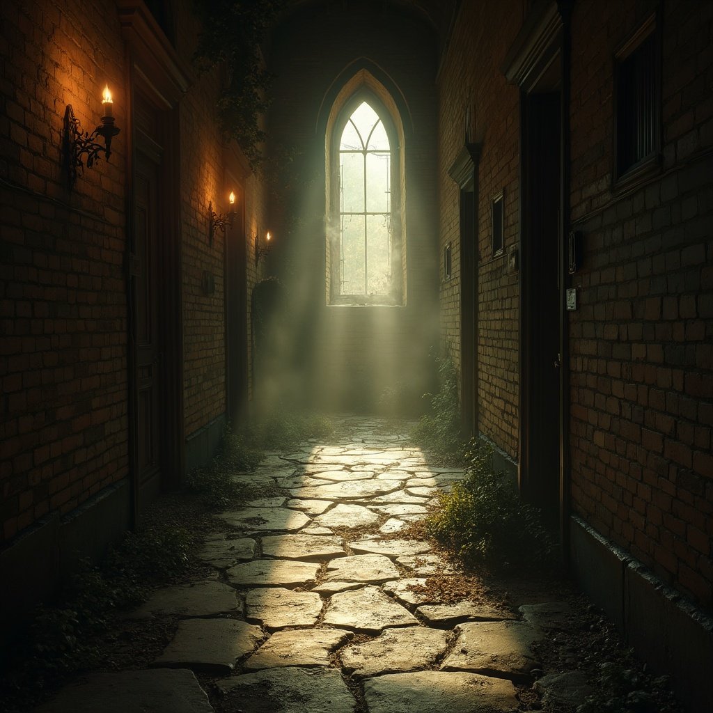 A dark, eerie gothic hallway with cracked walls, shadows, and decaying floors.