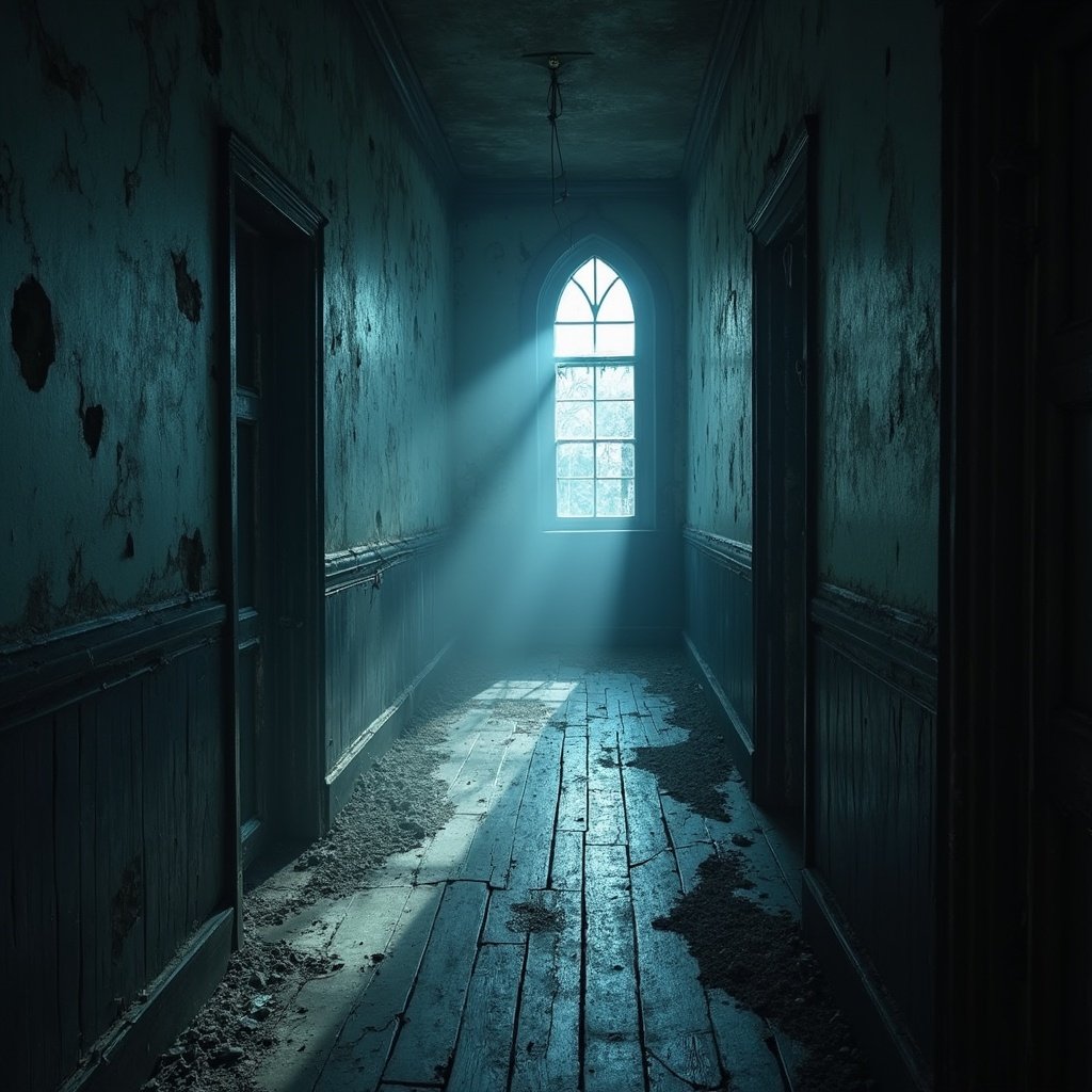 A dark, eerie gothic hallway with cracked walls, shadows, and decaying floors.