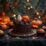 A Halloween dessert table with dark chocolate cake, cupcakes, cake pops, and spooky decorations