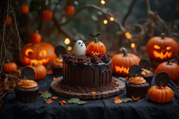 A Halloween dessert table with dark chocolate cake, cupcakes, cake pops, and spooky decorations