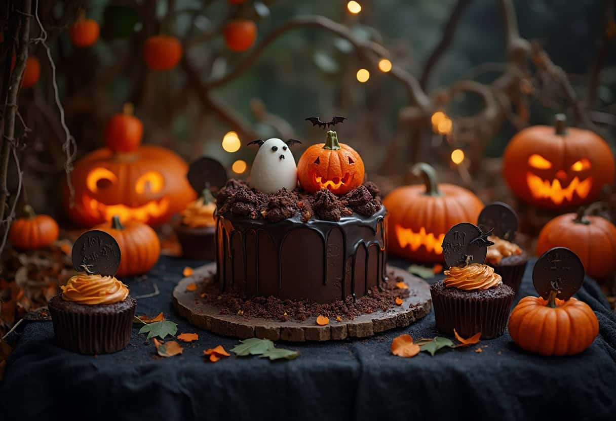 A Halloween dessert table with dark chocolate cake, cupcakes, cake pops, and spooky decorations