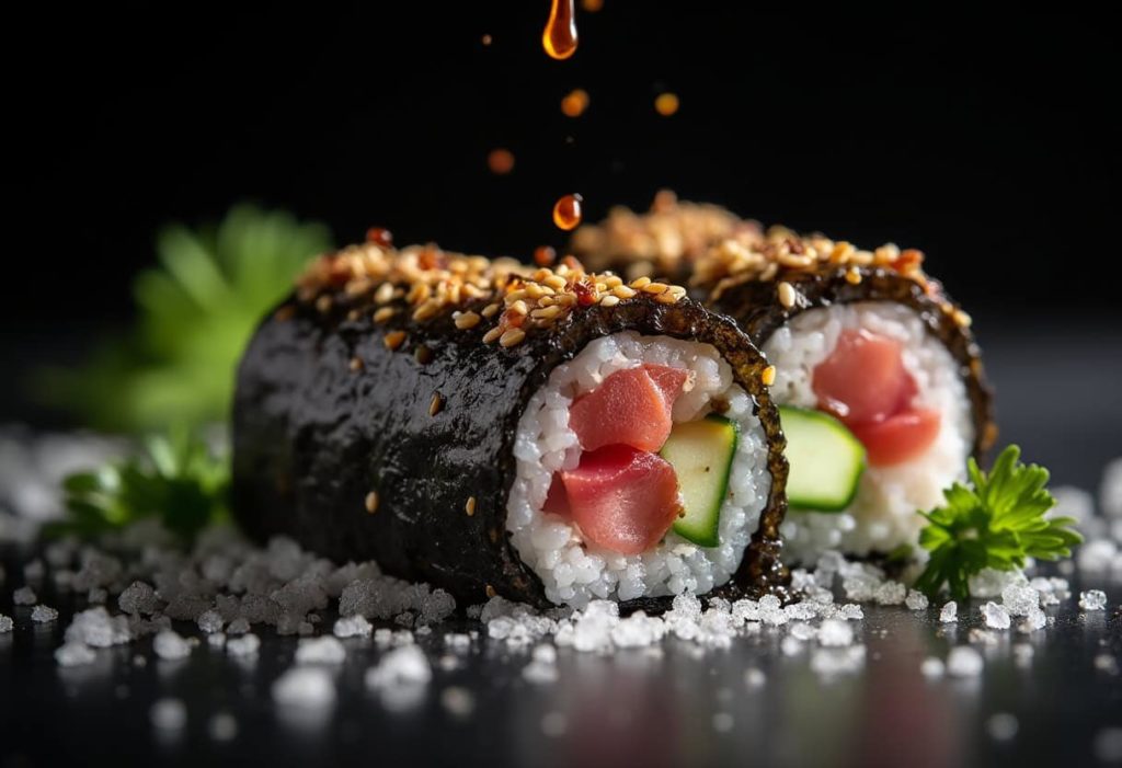 A close-up of a gourmet sushi roll with raw tuna, cucumber, sesame seeds, and soy sauce droplets