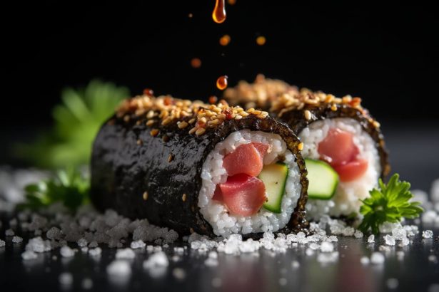 A close-up of a gourmet sushi roll with raw tuna, cucumber, sesame seeds, and soy sauce droplets