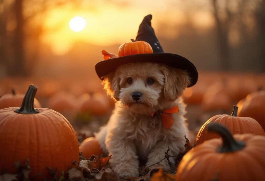 An adorable dog in a witch hat surrounded by pumpkins, candy, and autumn leaves