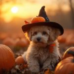 An adorable dog in a witch hat surrounded by pumpkins, candy, and autumn leaves