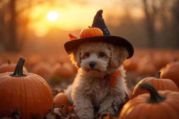 An adorable dog in a witch hat surrounded by pumpkins, candy, and autumn leaves