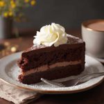 A decadent chocolate cake slice with creamy frosting, a cup of coffee, and elegant table setting, all captured in a luxurious dessert scene.