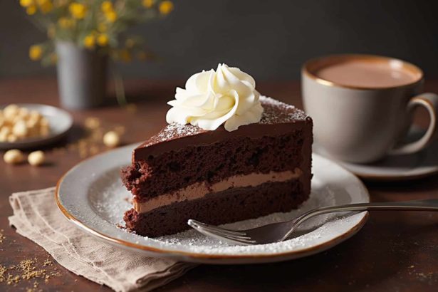 A decadent chocolate cake slice with creamy frosting, a cup of coffee, and elegant table setting, all captured in a luxurious dessert scene.