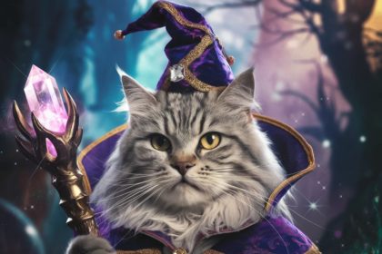 Cinematic image of a magical cat with a staff in a mystical forest.