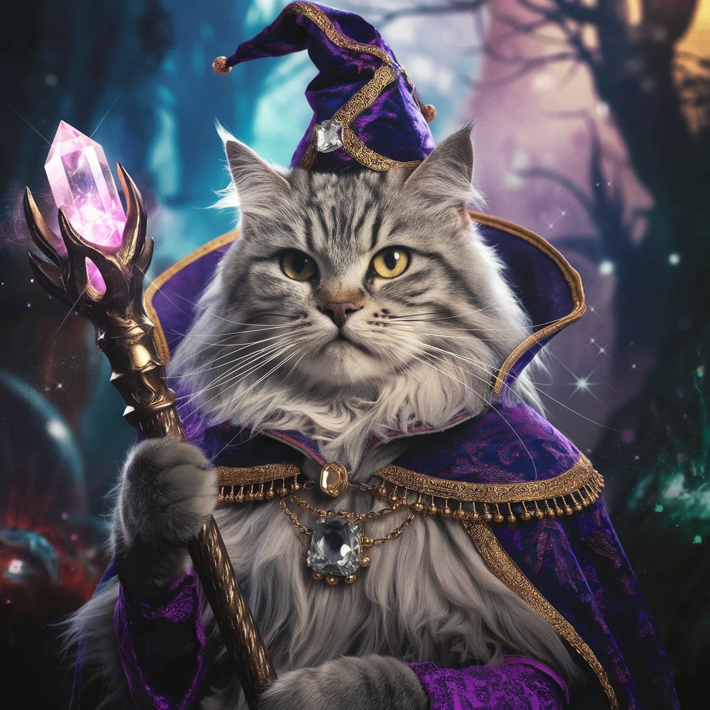 Cinematic image of a magical cat with a staff in a mystical forest.