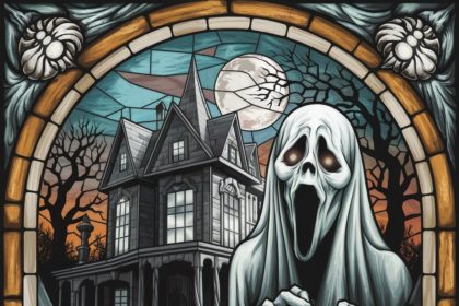 Art Deco stained glass scene of a haunted mansion with a ghost, full moon, and spooky trees in a photo-realistic, Halloween-themed setting.