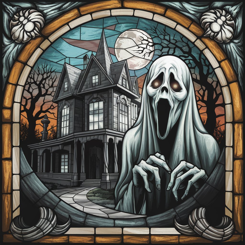 Art Deco stained glass scene of a haunted mansion with a ghost, full moon, and spooky trees in a photo-realistic, Halloween-themed setting.