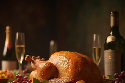 A beautifully roasted Thanksgiving turkey surrounded by grapes, oranges, and a fruit salad, set on an elegant dinner table with wine and champagne.