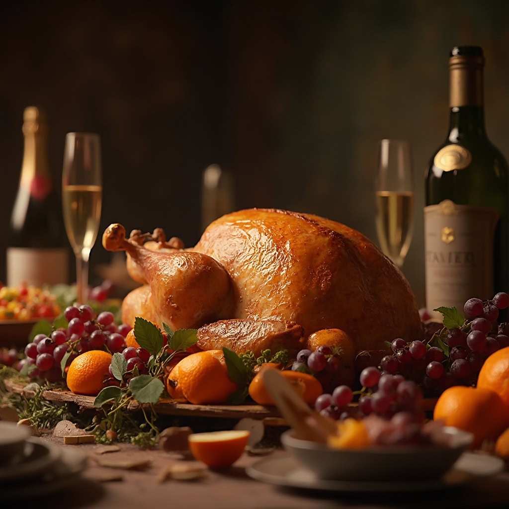 A beautifully roasted Thanksgiving turkey surrounded by grapes, oranges, and a fruit salad, set on an elegant dinner table with wine and champagne.