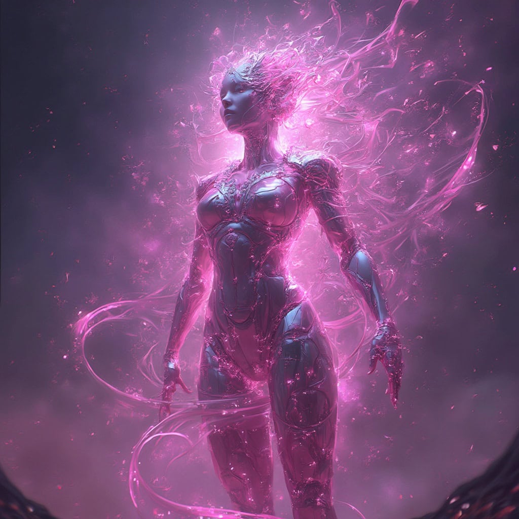 A mysterious bioluminescent creature, the Celestial Nexus, with swirling magenta hues, shimmering metallic patterns, and an otherworldly glow.