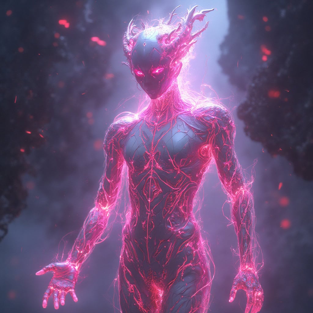 A mysterious bioluminescent creature, the Celestial Nexus, with swirling magenta hues, shimmering metallic patterns, and an otherworldly glow.