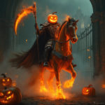 A Headless Horseman with a flaming pumpkin head and scythe rides a fiery, armored horse in a gothic setting surrounded by pumpkins and eerie shadows.