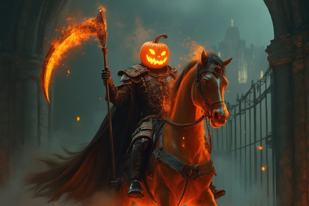 A Headless Horseman with a flaming pumpkin head and scythe rides a fiery, armored horse in a gothic setting surrounded by pumpkins and eerie shadows.