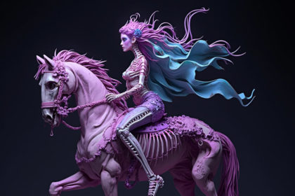 A detailed resin statue of a skeleton mermaid riding a skeleton horse, with neon Rococo lighting in a dark purple background, blending Vaporwave and Pop Surrealism.