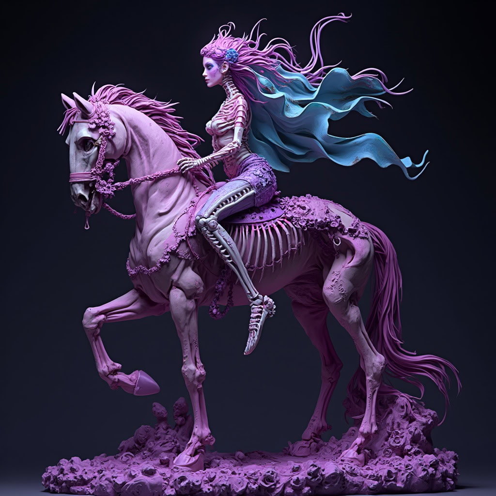 A detailed resin statue of a skeleton mermaid riding a skeleton horse, with neon Rococo lighting in a dark purple background, blending Vaporwave and Pop Surrealism.