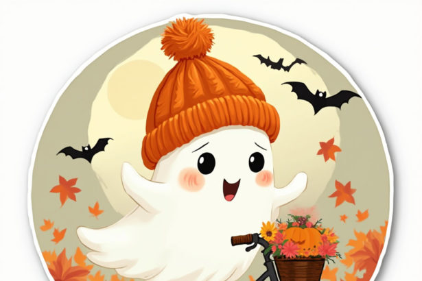 A cartoon ghost wearing an orange hat, riding a bicycle under a large moon, with autumn leaves and bats flying around in a whimsical Halloween scene.